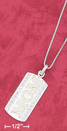 STERLING SILVER TT RP 18" BOX NECKLACE W/13X25 CZ EDGED DOG TAG & GP MOM CHARM