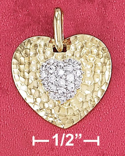 STERLING SILVER 18" VERMEIL 19MM HAMMERED HEART PENDANT W/ 9MM PAVE CZ HEART