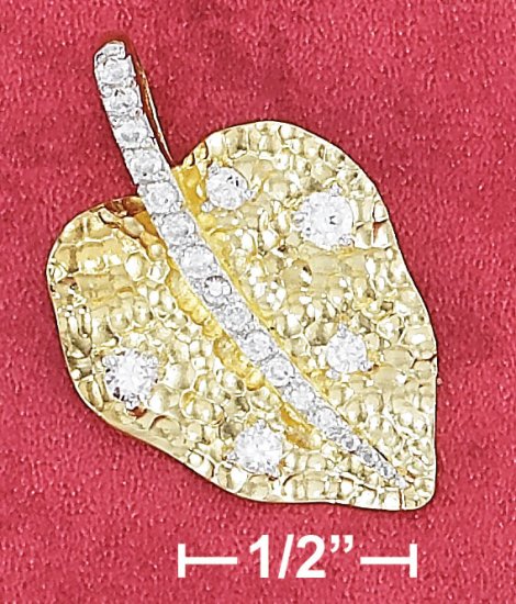 STERLING SILVER 18" VERMEIL 19X30M HAMMERED LEAF PENDANT WITH CZ STEM & ACCENT NECK