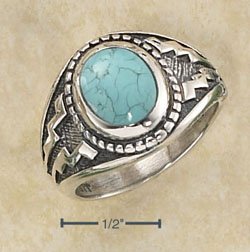 STERLING SILVER OVAL TURQUOISE RING W/ WIDE AZTEC DESIGN