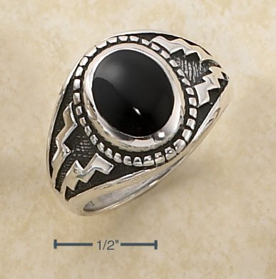 STERLING SILVER OVAL ONYX RING W/ AZTEC DESIGN