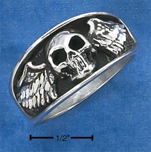 AWESOME STERLING SILVER MENS SKULL WITH WINGS RING.