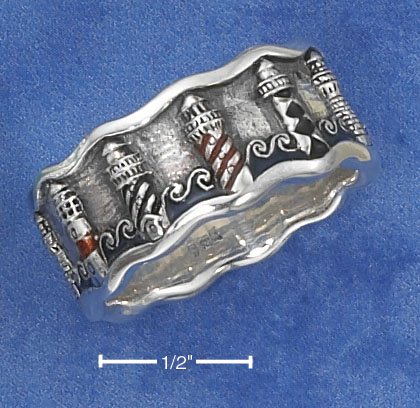 STERLING SILVER ANTQUED UNISEX BAND WITHENAMELED LIGHTHOUSES AND WAVES.