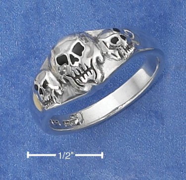 STERLING SILVER TRIPLE SKULL RING WITH BLACK ONYX EYES & NOSE