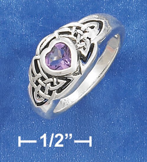 STERLING SILVER ANTIQUED 5MM AMETHYST HEART RING WITH CELTIC KNOTS ON EACH SIDE