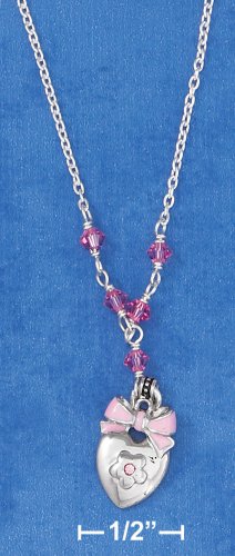 STERLING SILVER 14"-16" HP ADJ CABLE NECKLACE W/ HEART, FLOWER, BOW & PINK CRYSTALS