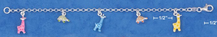 STERLING SILVER 5.5" ITALIAN CHILD'S ENAMEL GIRAFFES & TURTLES CHARM BRACELET
