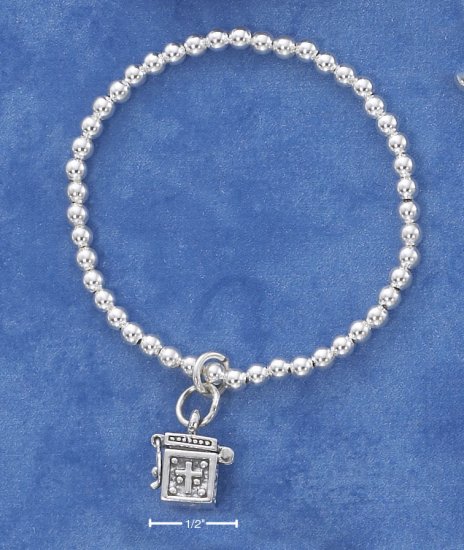 STERLING SILVER CHILDRENS 3MM BEADED STRETCH BRACELET WITH PRAYER BOX DANGLE