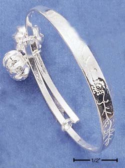 STERLING SILVER ETCHED BABY WRAP W/ BELLS BANGLE BRACELET (ADJ ~2" DIA)