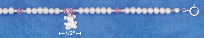 STERLING SILVER 13"-15" ADJ CHILD'S WHITE FWP NECKLACE w/PINK CRYSTALS/ TEDDY BEAR