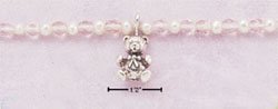 STERLING SILVER 5" TEDDY BEAR DANGLE BRACELET W/ PEARLS & PINK BEADS