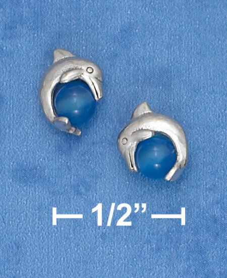 STERLING SILVER DOLPHIN POST EARRINGS W/ BLUE AGATE STONE
