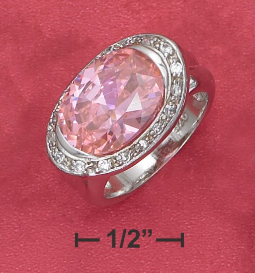 STERLING SILVER 5.8 CT PINK ICE SIDE OVAL RING WITH PAVE BORDER