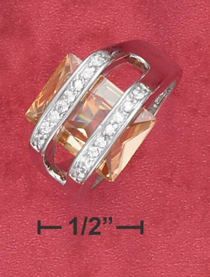 STERLING SILVER RHODIUM PLATED (10X14MM) 8.5 CT RECTANGLE CHAMPAGNE ICE CZ RING WITH PAVE BANDS.