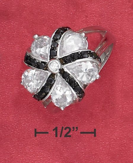 STERLING SILVER RP BLACK AND WHITE CZ FLOWER RING .