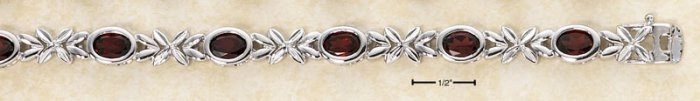 STERLING SILVER 7.5" OVAL GARNET & STAR DESIGN LINK BRACELET