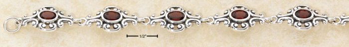STERLING SILVER 7" SCROLLED DESIGNER LINKS W/ OVAL GARNET STONES BRACELET