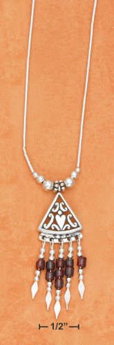 STERLING SILVER 17" LS NECKLACE W/ FILIGREE TRIANGLE W/ GARNET HESHI FRINGE