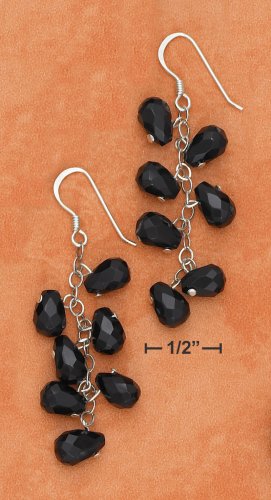 STERLING SILVER MULTI FACETED ONYX BRIOLETTE FRENCH WIRE DANGLE EARRINGS