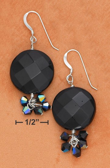 STERLING SILVER 18MM FACETED ONYX DISC FRENCH WIRE EARRINGS