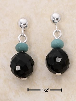 STERLING SILVER FACETED ONYX /TURQUOISE BEAD ON POST DROP EARRINGS
