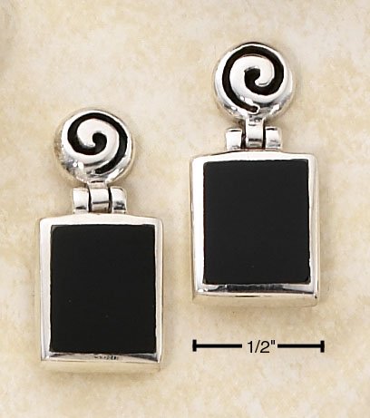 STERLING SILVER RECTANGULAR ONYX ON ROUND SWIRL HINGED POST EARRINGS
