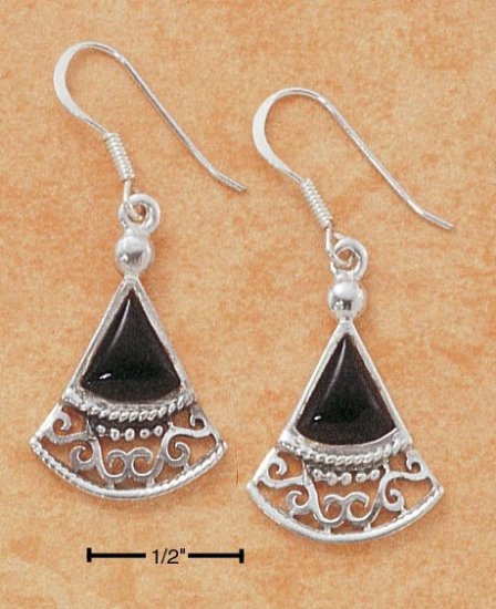 STERLING SILVER FANCY FAN DESIGN W/ ONYX FRENCH WIRE EARRINGS
