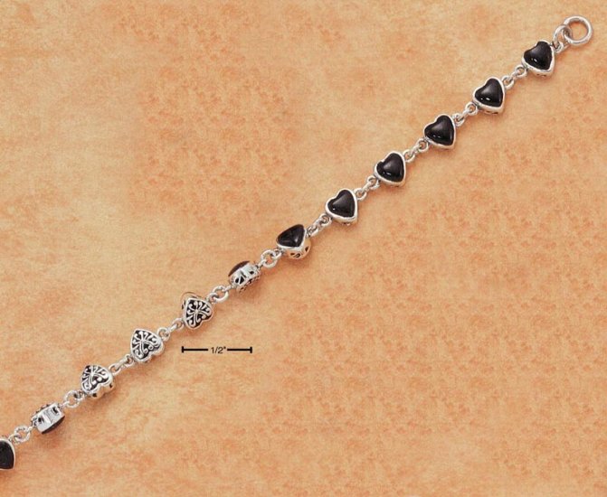 STERLING SILVER 7" REVERSIBLE ONYX HEART LINK BRACELET