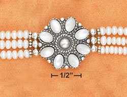 STERLING SILVER 7"-8.25" ADJ 3 STRAND PEARLS W/ MOP FLOWER CENTER BRACELET