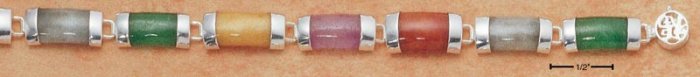 STERLING SILVER 7" NINE RECTANGULAR MULTI COLORED JADE STONES BRACELET