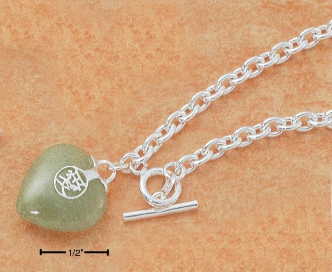 STERLING SILVER 8" OVAL LINK TOGGLE BRACELET W/ GREEN JADE HEART