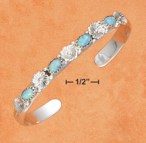STERLING SILVER FLORAL CUFF BRACELET WITH 4 LAB BLUE OPALS