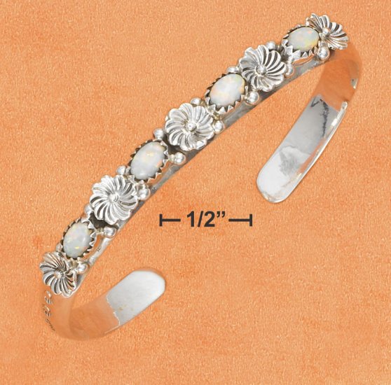 STERLING SILVER FLORAL CUFF BRACELET W/ 4 LAB WHITE OPALS
