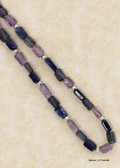 STERLING SILVER 24" GENUINE AMETHYST, IOLITE & SODALITE BEADED NECKLACE