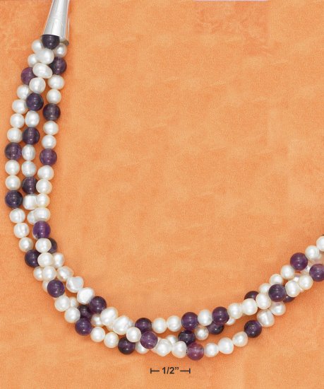 STERLING SILVER 17"-21" TRIPLE STRAND PEARL & AMETHYST BEAD NECKLACE