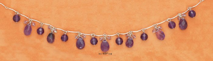 STERLING SILVER 16" BENT LINK FACETED AMETHYST BALL & TEAR NECKLACE