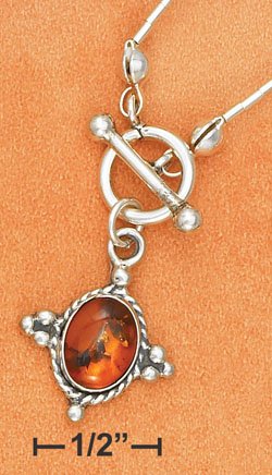STERLING SILVER LIQUID SILVER CHOKER W/ 17 AMBER NUGGETS & OVAL PENDANT W/ TOGGLE