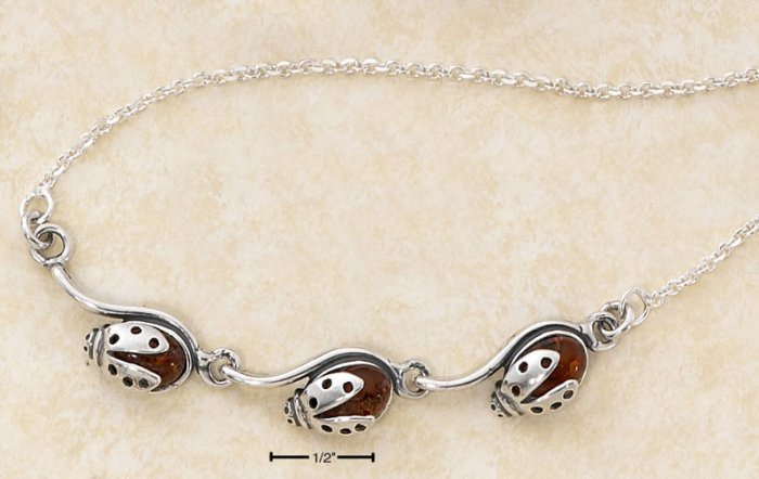 STERLING SILVER 17" TRIPLE HONEY AMBER LADYBUG NECKLACE