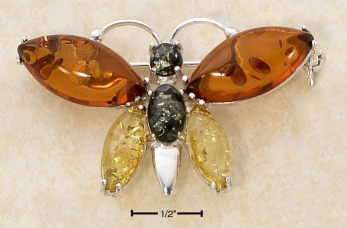 STERLING SILVER GREEN, HONEY & BUTTERSCOTCH AMBER BUTTERFLY PIN (APPROX 2")