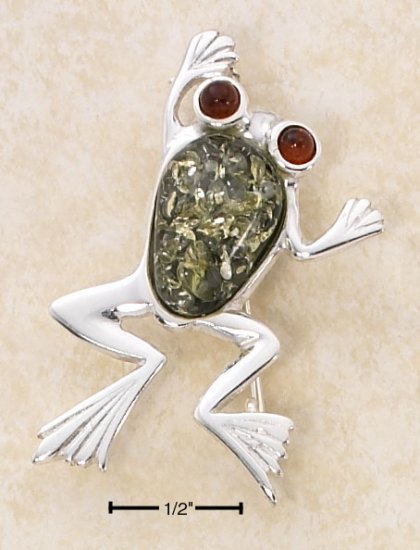 STERLING SILVER GREEN AMBER FROG PIN W/ HONEY AMBER EYES