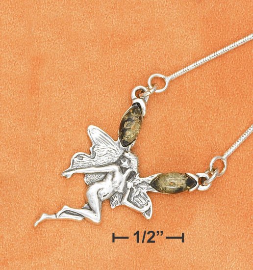 STERLING SILVER 17" FAIRY W/ GREEN AMBER ON SNAKE CHAIN NECKLACE