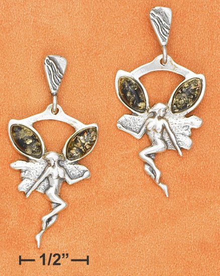 STERLING SILVER FAIRY W/ GREEN AMBER POST DANGLE EARRINGS