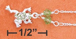 STERLING SILVER 10" DANGLING GREEN CRYSTALS FROG ANKLET