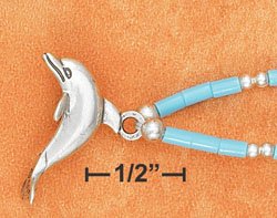 STERLING SILVER 9" ANKLET W/ TURQUOISE HESHI & DOLPHIN PENDANT