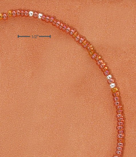 STERLING SILVER 9" SILVER & TRANSLUCENT ORANGE PONY BEAD ANKLET