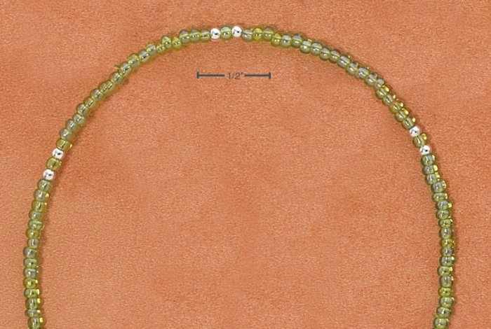 STERLING SILVER 9" SILVER & TRANSLUCENT GREEN PONY BEAD ANKLET