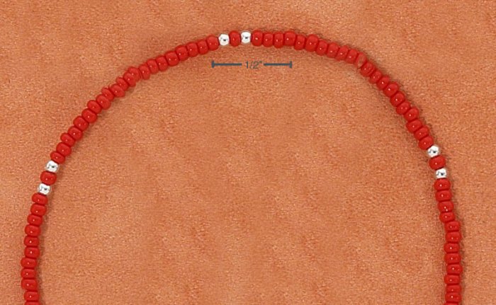 STERLING SILVER 9" SILVER & RED PONY BEAD ANKLET