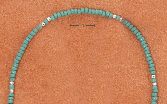 STERLING SILVER 9" SILVER & TURQUOISE COLORED PONY BEAD ANKLET