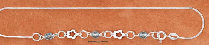STERLING SILVER 9-10" ANKLET W/ CUTOUT FLOWERS & BLUE CRYSTALS