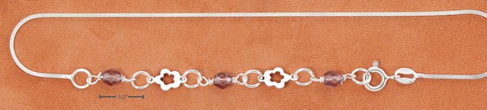 STERLING SILVER 9-10" ANKLET W/ CUTOUT FLOWERS & PURPLE CRYSTALS